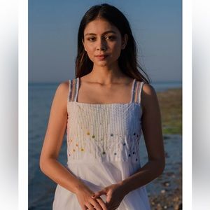 Embroidered Sleeveless White Cotton Dress